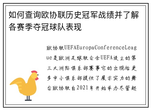 如何查询欧协联历史冠军战绩并了解各赛季夺冠球队表现